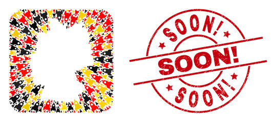Germany map collage in Germany flag official colors - red, yellow, black, and grunge Soon! red circle stamp imitation. Soon! badge uses vector lines and arcs.