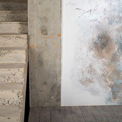 Background unfinished house wall, stairs, concrete plaster. High quality photo
