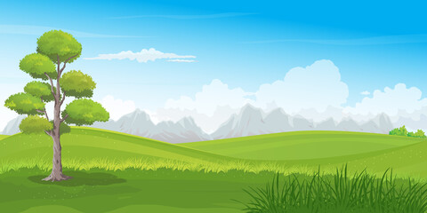 Obraz premium Nature landscape of green meadow with mountain range and cloudy blue sky background, vector illustration.