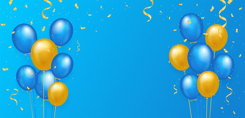 Ukrainian Independence Day. Bright greeting banner in national yellow and blue colors with 3D balloons, confetti and copy space. Design for website and postcard. Cartoon realistic vector illustration
