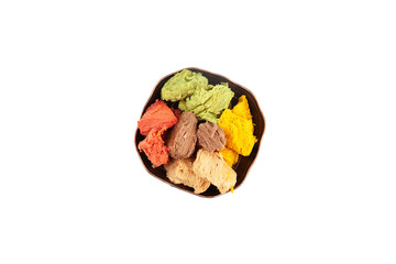 Turkish halva or helva with different flavors isolated on white background. Top view, copy space