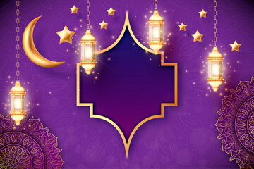 Hanging Ramadan lanterns and stars with golden crescent moon