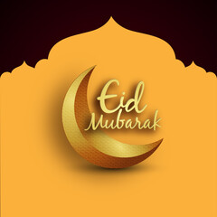 Eid Mubarak calligraphy sitting on top of a golden crescent moon