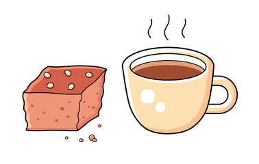 Hot espresso coffee cup and chocolate brownie cake piece isolated cartoon vector