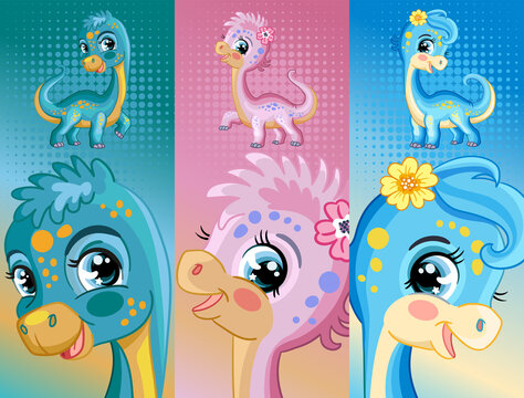 Set of cute dinosaur diplodocus vertical background vector illustrations