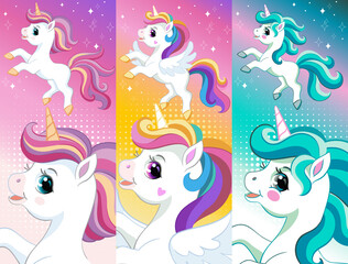 Set of cute magic unicorns vertical background vector illustrations