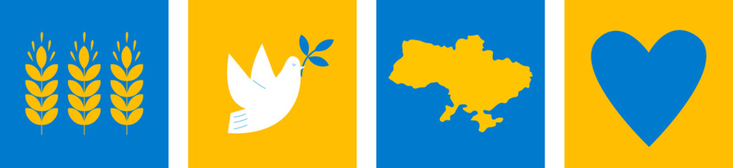 Ukraine Icon Set. Ukrainian dove of peace, home, wheat, The contour of Ukrainian map, blue yellow color theme. Support Ukraine Illustration. Vector. The concept of peace in Ukraine. No war