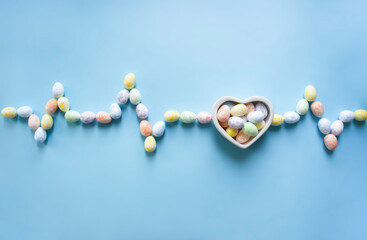on a blue background, a heart vase with candy eggs and next to it is a cardiogram graph from eggs of different colors