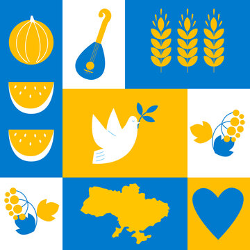 Ukrainian icons dove, heart, map, wheat, viburnun,watermelon blue yellow color theme. vector. The concept of peace in Ukraine. Illustration for design and web. Ukraine simple art.