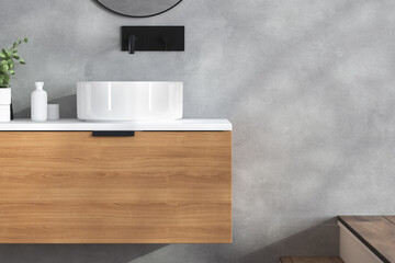 Toiletries and stylish vessel sink on light countertop in modern bathroom. 3D Rendering
