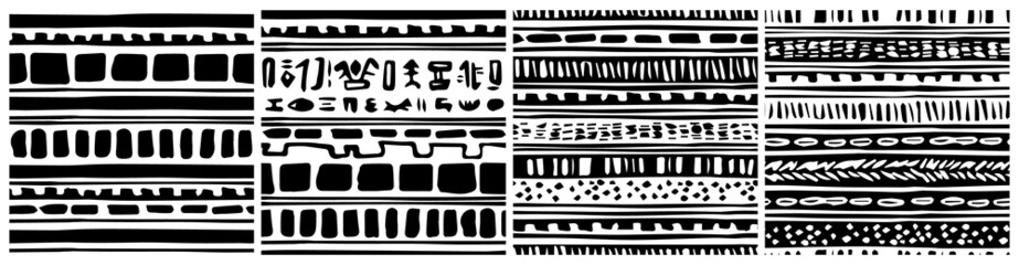 Set of black white border abstract tribal vector repeat seamless pattern aged effect. Illustration contains hand drawn spkatter, triangles, rectangles, stripes, elements, shapes, geometry