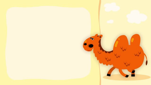 Cartoon character camel bactrian animal walking loop animation for titles. Good for fairy tales, illustration, etc... Cute intro frame included, seamless loop. 
