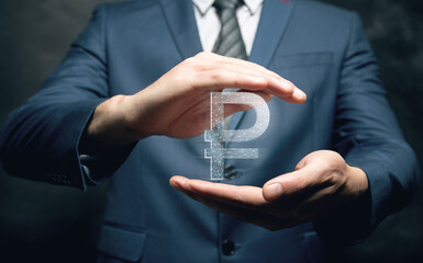 ruble icon from web and dots. man holding in his hand