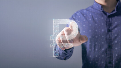 ruble icon from web and dots. man tapping on the screen