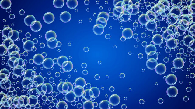 Suds bubble. Detergent bath foam and soap for bathtub. Shampoo. Blue fizz and splash. Realistic water frame and border. 3d vector illustration design. Rainbow colorful liquid suds.