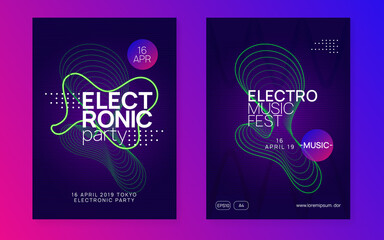 Dj event neon flyer. Techno trance party. Electro dance music. Electronic sound. Club fest poster.