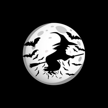 witch silhouette in moon vector illustration. halloween icon, sign and symbol