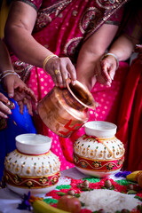 Fototapeta na wymiar Indian Hindu wedding ceremony pooja ritual items close up