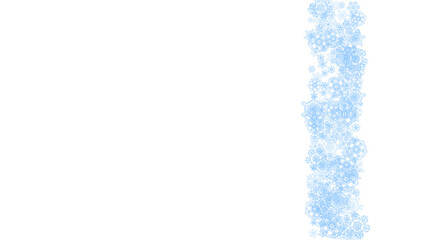 Winter frame with blue snowflakes for Christmas and New Year celebration. Horizontal winter frame on white background  for banners, gift coupons, vouchers, ads, party events. Falling frosty snow.