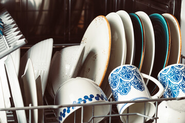 Clean dishes in an open dishwasher in a home kitchen close-up