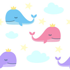 Vector hand-drawn colored childish seamless repeating simple flat pattern with whales princess in cartoon style on a white background. Cute baby animals. Pattern for kids with whales.