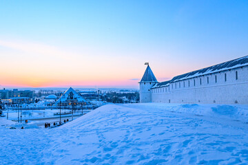 Winter city landscape, ancient fortress wall