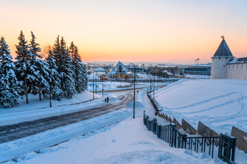 Fototapeta premium Winter city landscape, ancient fortress wall
