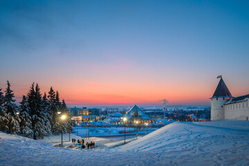 Winter city landscape, ancient fortress wall