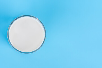World Milk Day, A glass of white milk isolated on a blue background, close up. Happy Milk Day. Dairy product concept, top view, copy space on right for design or content, nobody, World Milk Day 1 June