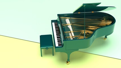 Deep Green Grand Piano under soft green-yellow background. 3D illustration. 3D CG. 3D high quality rendering.   © DRN Studio