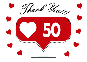 50 likes thank you. red social network notification icon with heart. vector illustration