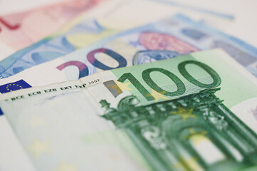 EU currency. Euro banknotes, close up. 100, 20 and 10 euro note. Money in European Union. Eurozone currency.