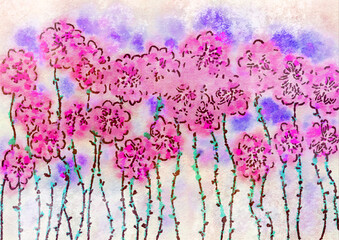 graffiti grunge floral illustration, pink watercolor pansies, handpainted flowers