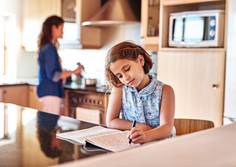 Writing down all of Moms secret recipes. Cropped shot of a young girl writing in a book while her mom cooks in the background.