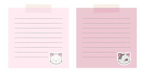 Szablon kartek do notatek. Puste strony notesu w linie z ilustracją słodkiego kotka. Planer z różowymi stronami. - obrazy, fototapety, plakaty