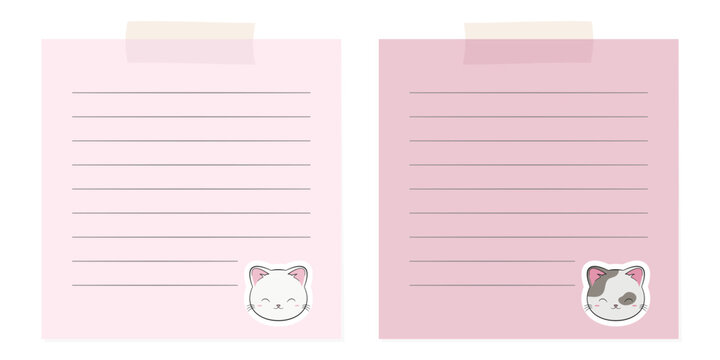 Szablon kartek do notatek. Puste strony notesu w linie z ilustracją słodkiego kotka. Planer z różowymi stronami.