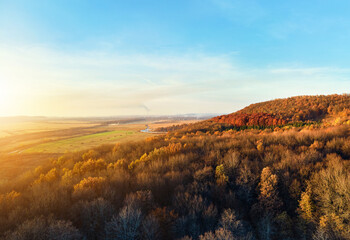 Aerial view of hills covered with dark mixed pine and lush forest with green and yellow trees canopies in autumn mountain woods at sunset. Beautiful autumnal evening landscape