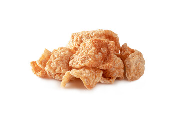 Pile of pork rinds isolated on white background.