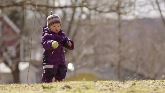 A toddler stands with a tennis ball before dropping it. Humorous outdoors shot