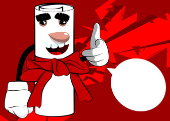 Rolled paper with red ribbon as a diploma pointing at the viewer with his hand. Cartoon Character.
