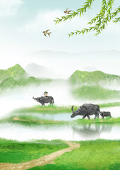 Obraz na płótnie Canvas Chinese wind solar terms Jiangnan landscape illustration