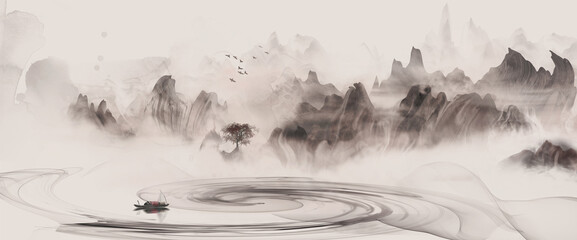 Chinese style ink landscape black and white landscape illustration