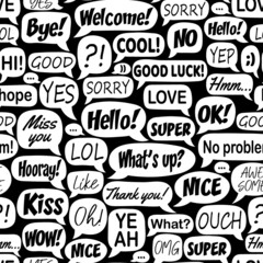Black and white seamless pattern with cartoon speech bubbles with dialog words: happy, thanks, good, bye. Modern vector illustration.