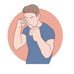 A man with a strong body like a fighter stood in a pose, preparing to fight isolated on white background illustration