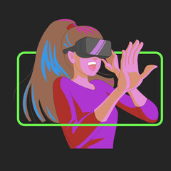Excited long haired woman wearing vr glasses pretending to be touching something. A purple light shone from the front. There is a green frame around it.isolated on black background,illustration