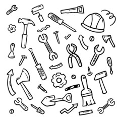 engineer tools doodle hand drawing set - obrazy, fototapety, plakaty