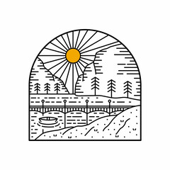 design a view of a bridge with hills in the background in mono line art for t-shirt, badge, sticker, etc