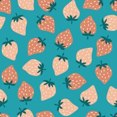 Vector Strawberry colorful pattern on a dark background. Seamless background of Bright, multi-colored garden berries.  For fashion, wallpaper, print. Trendy design.