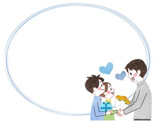 父親と子供達のフレーム手描きイラスト