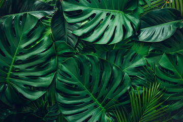 closeup nature view of green monstera and palms leaf background. Flat lay, dark nature concept,...